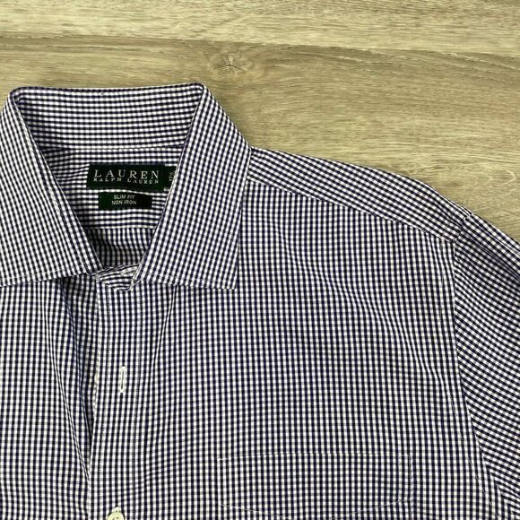 Lauren Ralph Lauren Purple/ Brown Plaid Slim Fit Button Up Shirt 17 1/2 34/35 - Picture 3 of 6